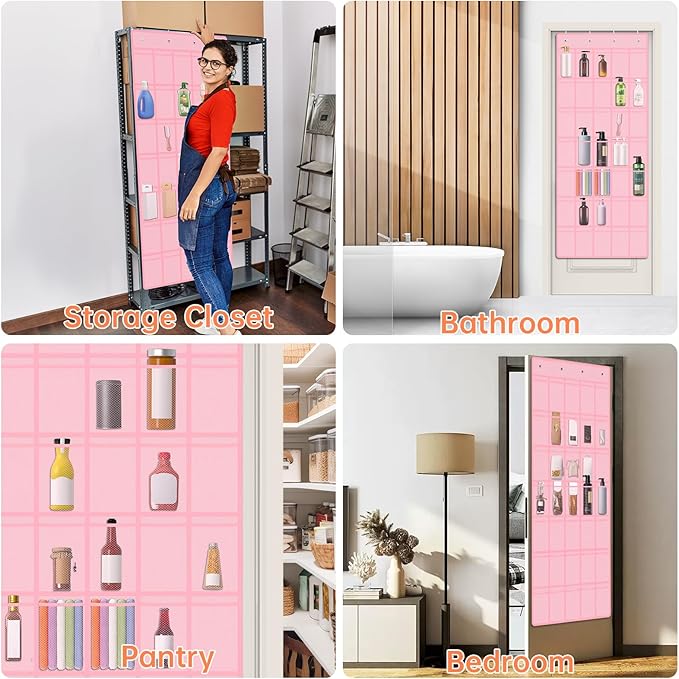 NiHome Multi-Functional 35 Pockets Door Hanging Organizer for Stanley Tumbler in Kitchen, Pantry, Bathroom, Large Capacity Elastic Mesh Secure Storage Water Bottle Cup Holder, Foldable for Home (Pink)