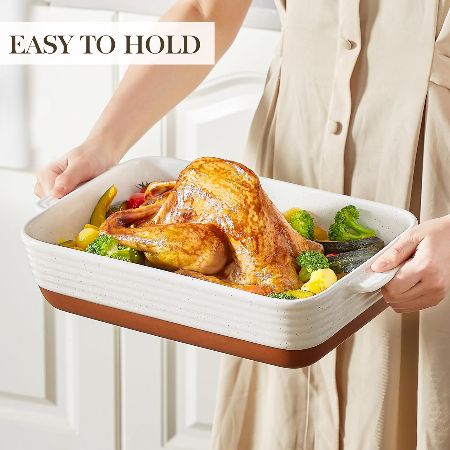 MALACASA Baking Dish 4.8 Qt Ceramic Casserole & Lasagna Pan, 9x13 Inch Deep Rectangular Oven Safe Dish with Handles for Baking, Roasting, Serving (Khaki & White) - Series Tara - Culinary Roots