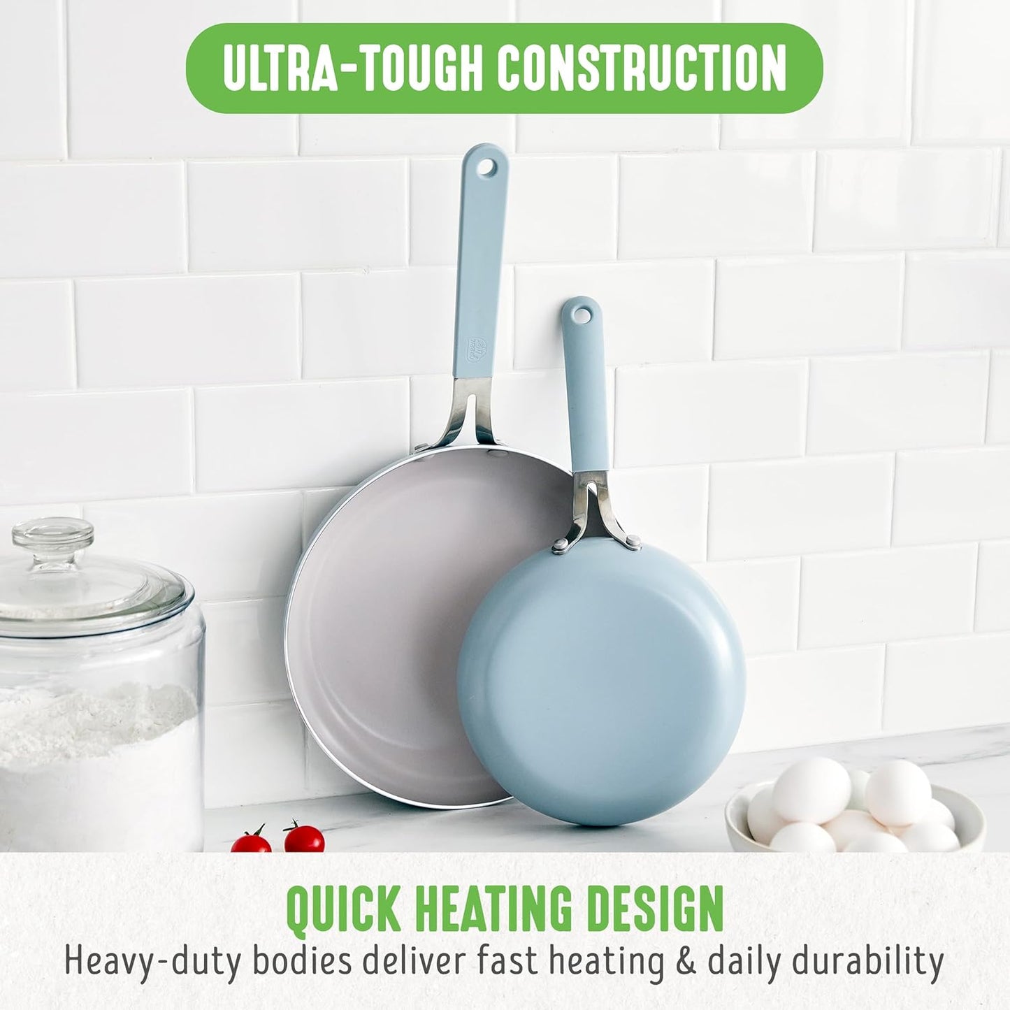 GreenLife 8” & 10” 2 Piece Nonstick Ceramic Frying Pan Set, Lightweight Healthy PFAS-Free Skillets, Dishwasher & Oven Safe, Durable Body, Silicone Stay-Cool Handles, Easy Release, Blue Haze - Culinary Roots