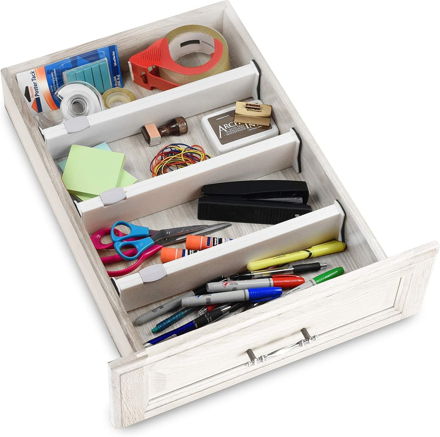 RAPTUROUS Adjustable Drawer Dividers 4 Pack, 2.5" High, 13-22" Long, Dresser Drawer Organizer for Bedroom, Closet, Kitchen, Nursery, Office, Strong Hold, Soft Foam Edges, White