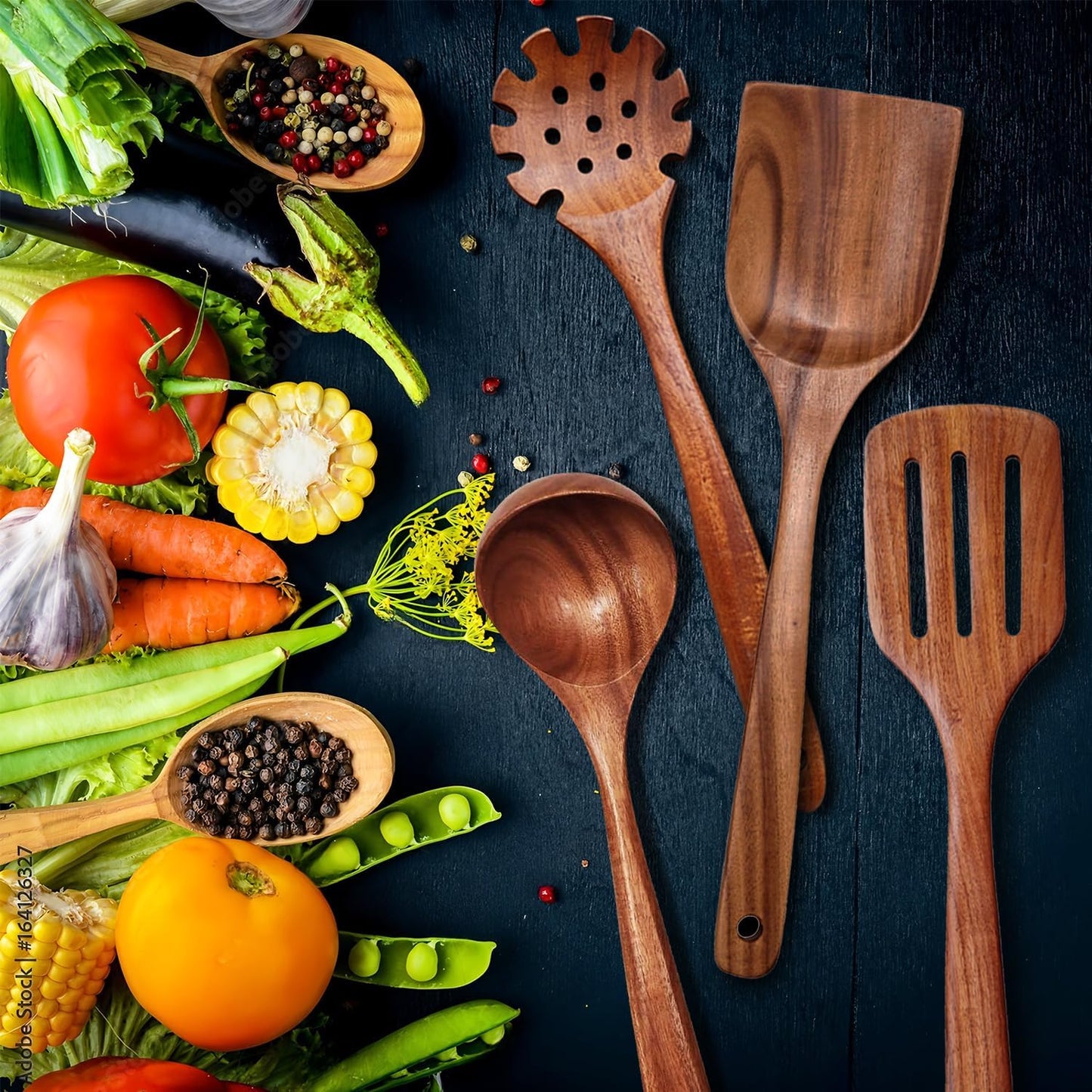Wooden Spoons for Cooking 9 Pieces Set, Teak Wooden Kitchen Utensil Set, Wooden Cooking Utensils Spoons, Spatulas, Heat-Resistant, Lightweight & Durable, Perfect for Non-Stick Cookware - Culinary Roots