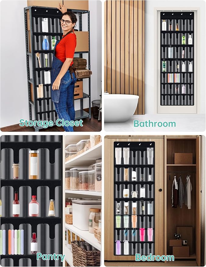 NiHome 35-Pocket Large Capacity Door Cup Organizer for Stanley Tumblers 30oz, 40oz, Door Hanging Water Bottle Storage with Double-Sided Tape Stabilizer, Waterproof Oxford Fabric, Transparent, BPA-Free