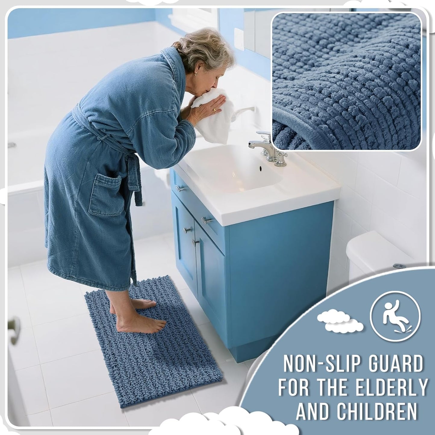 Yimobra Large Bathroom Rugs Non Slip Washable 36x24 Inch - Ultra Soft Absorbent Chenille Bath Mat, Quick Dry Shaggy Floor Carpet for Tub Shower, Denim Blue Home Decor Accessories