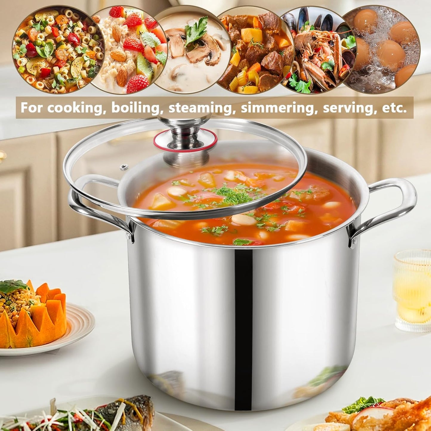P&P CHEF 12 Quart Tri-Ply Stainless Steel Stockpot, Stock Pot with Visible Lid for Soup Pasta Vegetable, Induction Cooking Pot for All Stoves, Sturdy & Double Handle, Dishwasher Safe - Culinary Roots