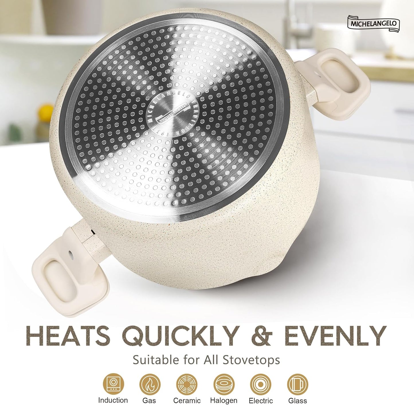 MICHELANGELO Pasta Pot with Strainer Lid - 6 Quart Multipurpose Pot with Twist and Lock Handles, Nonstick Soup Pot with Granite Coating, Induction Compatible, White - Culinary Roots