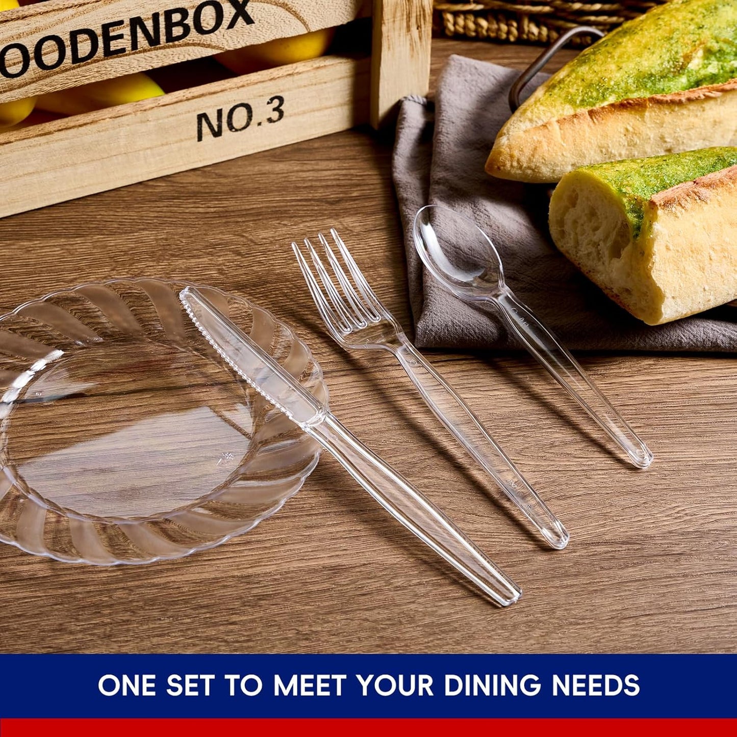 JOLLY CHEF 300 Count Clear Plastic Silverware, 150 Forks, 150 Spoons, 100 Knives, Heavy Duty BPA Free Disposable Plastic Cutlery Set, Plasticware Bulk, Premium Clear Utensils for Party Supplies