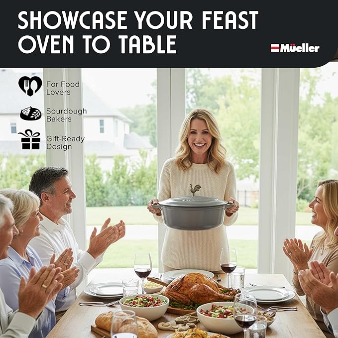 MUELLER HOME 5.5 Quart Enameled Cast Iron Oval Dutch Oven with Rooster Knob & Cotton Potholders, Heavy-Duty Cookware, Oven-Safe up to 500° F & Across All Cooktops, Gifts for Grandma & Women, Gray