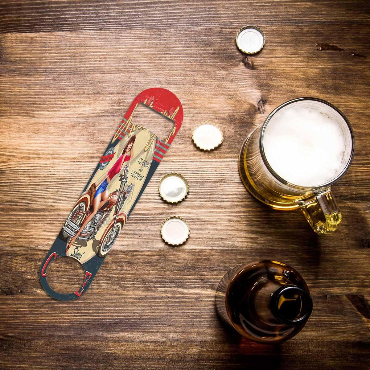 Vintage Motorcycle Stainless Steel Bottle Opener Smile Girl Leg Sit Moto Racing Club Wheel Speed Garage Flat Beer Bottle Opener Keychain for Home Kitchen Bar Restaurant Party Birthday Gift