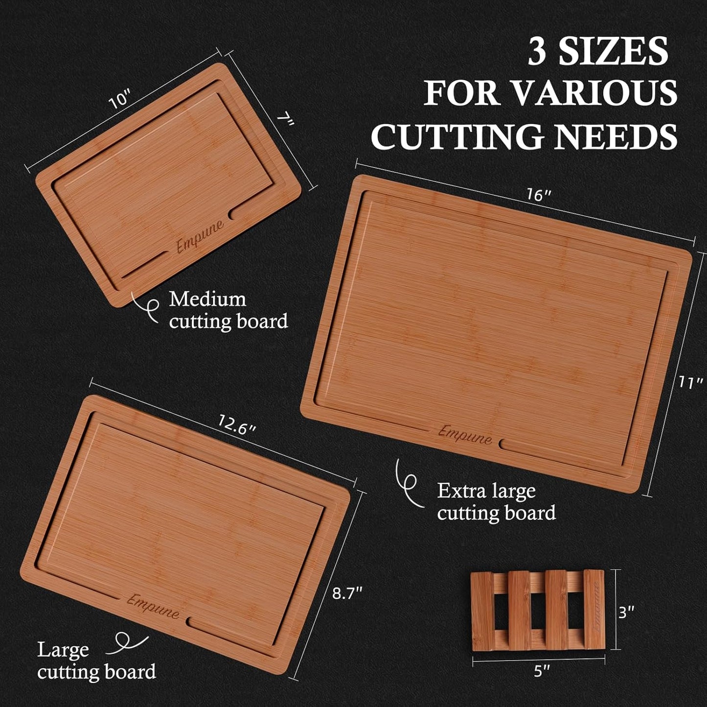 Empune Bamboo Cutting Board Set, Wood Cutting Boards for Kitchen with Holder Wooden Chopping Board for Meal Prep & Serving
