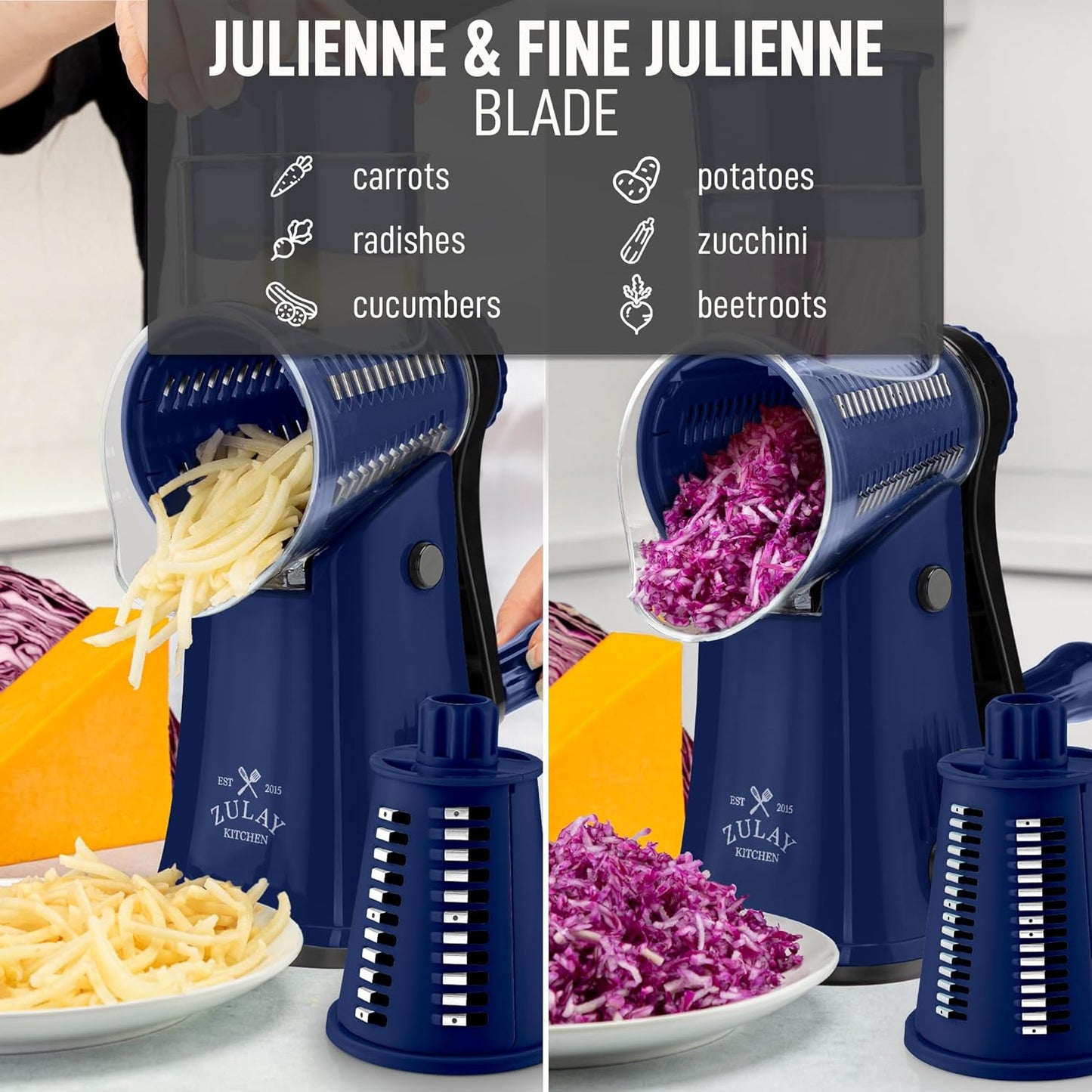Zulay Kitchen Rotary Cheese Grater 5 Blade Cheese Shredder - Manual Hand Crank Cheese Grater With Reinforced Suction & 5 Interchangeable Drums - Easy to Use, Vegetable Chopper Round Mandoline Slicer - Culinary Roots