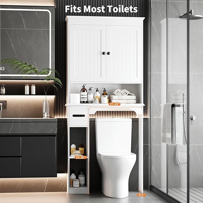 IDEALHOUSE 23.6 Inches Wide Toilet Rack with Over The Toilet Storage Cabinet, Bathroom Shelf Organizer with Anti-Tip Device, Small Freestanding Space Saver with Adjustable Shelf (White 30" W)