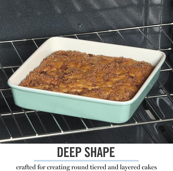 Martha Stewart Gallen 9 Inch Square Nonstick Carbon Steel Cake Pan - Teal Durable Baking Pan for Cakes, Brownies & Desserts