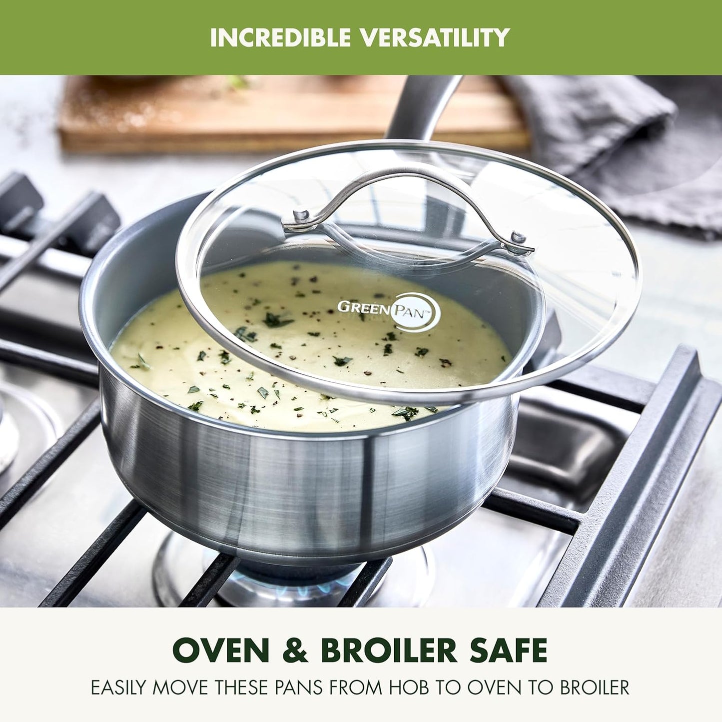 GreenPan Stainless Steel Treviso 2.1QT Saucepan with Lid, Healthy Ceramic Nonstick, PFOA-Free PFAS-Free, Induction, Dishwasher Safe, Oven Safe, Even Heating, Silver - Culinary Roots