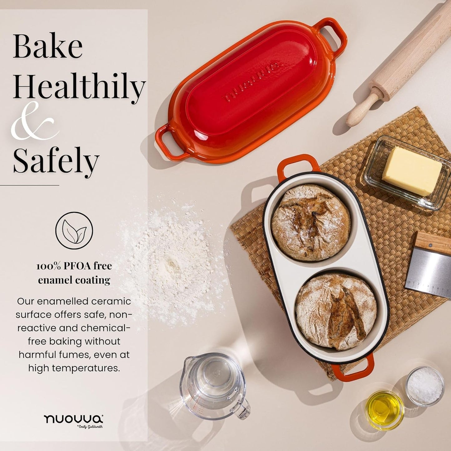 nuovva Dutch Oven For Sourdough Bread Baking – Enamelled Cast Iron Bread Loaf Pot – 500°F Oven Safe Non Stick Bread Pot – Double Round Loaf Space, 16.5cm Diameter, Orange - Culinary Roots