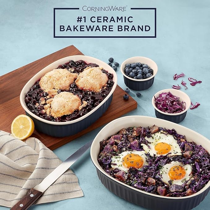 CorningWare Ceramic Bakeware Set with Lids Chip and Crack Resistant Stoneware Baking Dish, Microwave, Dishwasher, Oven, Freezer and Fridge Safe, 10-Piece French Navy