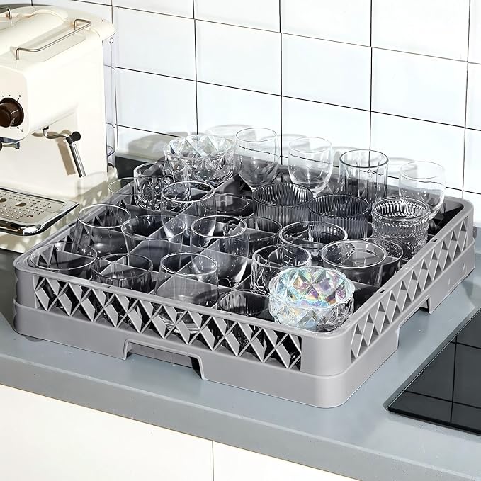 1 Pack Commercial Dishwasher Tray Rack Polypropylene Full Size Flatware Rack for Bowls Plates Knives Forks Cups (25 Grid,Gray)