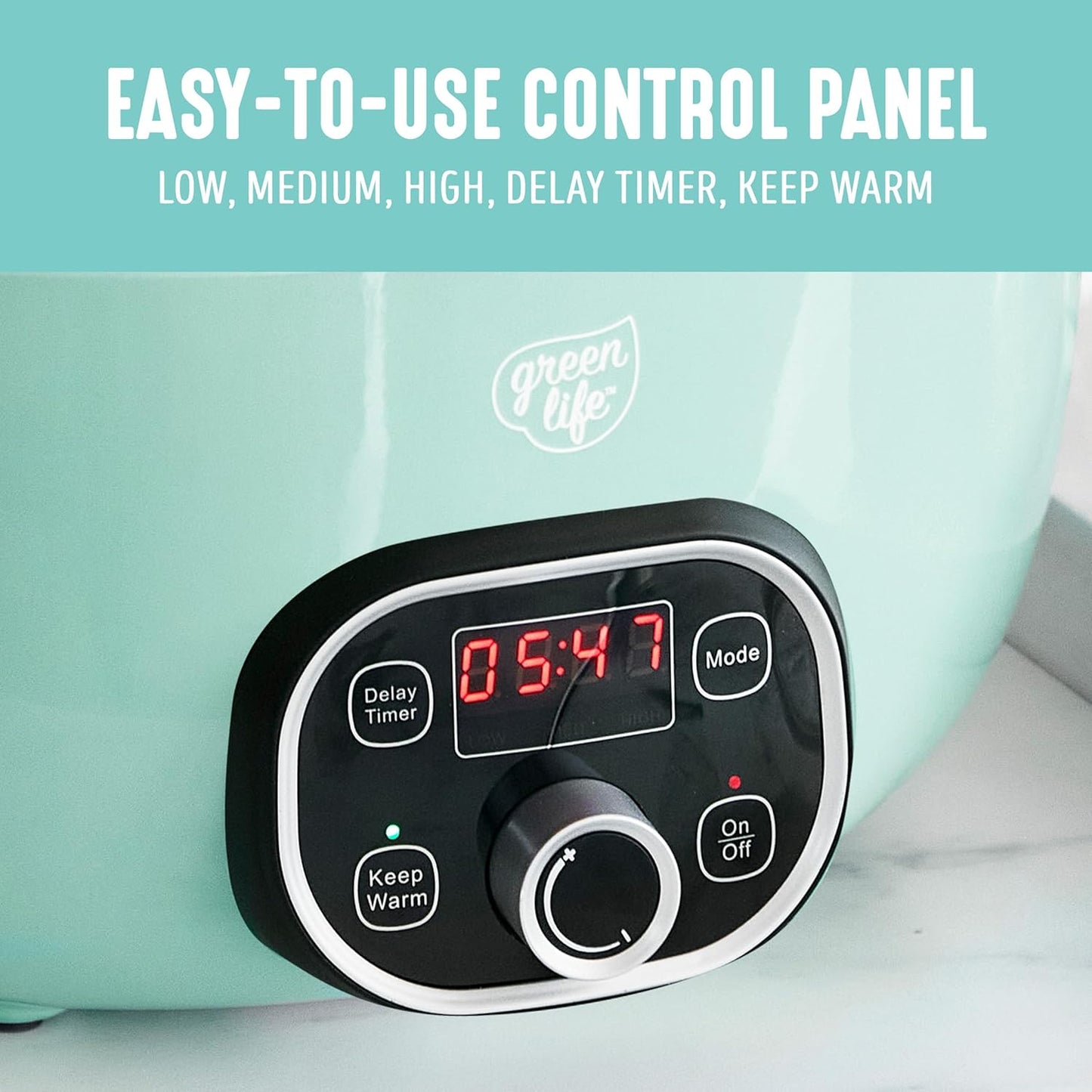 GreenLife 6 Quart Ceramic Slow Cooker, PFAS-Free, Programmable, Removable Healthy Nonstick Pot for Family Meals, Sear on Stovetop, Keep Warm, Digital Timer, Dishwasher Safe Glass Lid, Turquoise - Culinary Roots