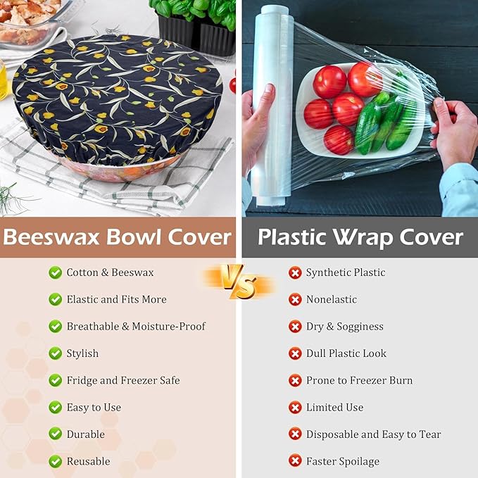 5-Size Reusable Beeswax Bowl Covers for Bread Proofing, Cotton Cloth Flexible Beeswax Wraps for Food Storage(Colorful Floral)