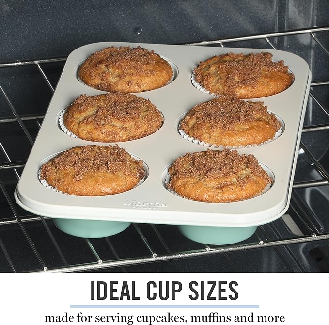 Martha Stewart Gallen 6 Cup Nonstick Carbon Steel Muffin and Cupcake Pan - Teal Durable Bakeware for Muffins, Cupcakes & Mini Cakes