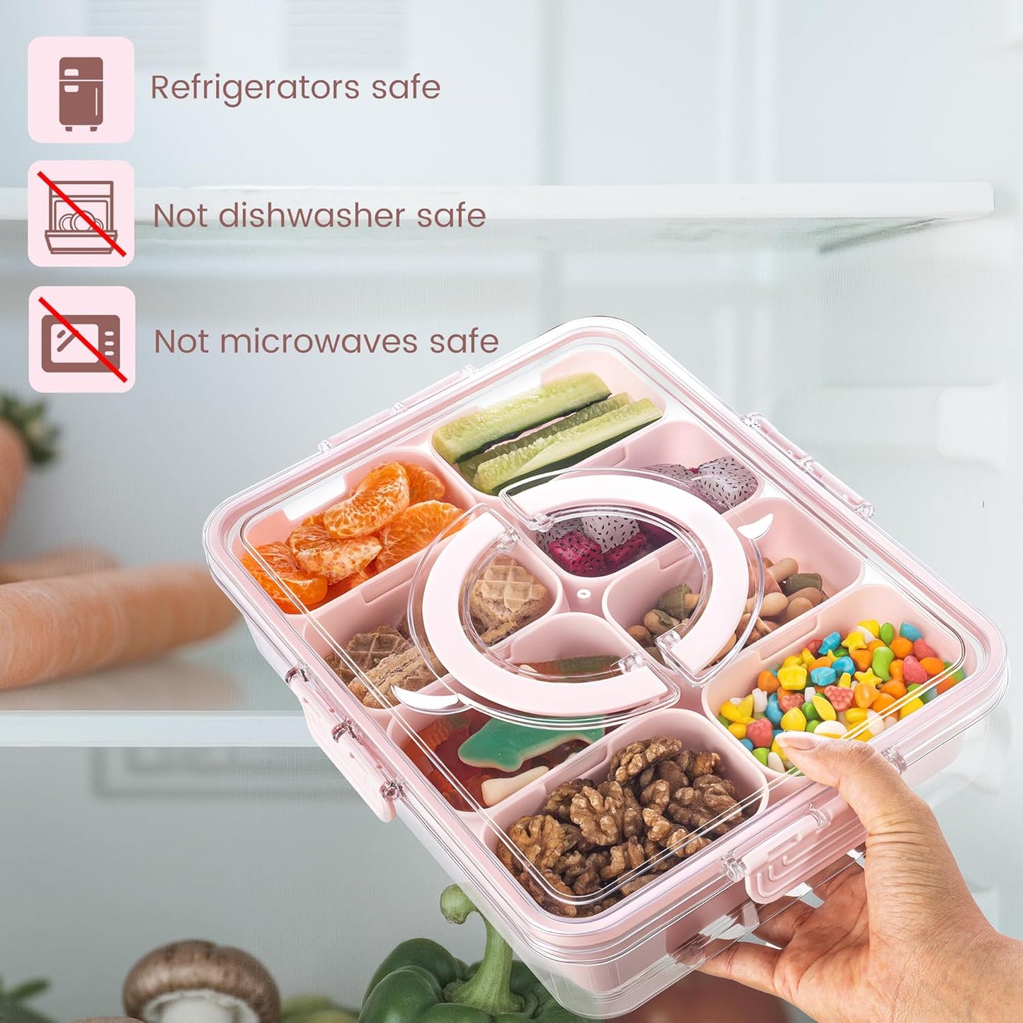 Divided Serving Tray with Lid and Handle - Snackle Box Charcuterie Container for Portable Snack Platters Organizer for Candy, Fruits, Nuts, Snacks - Perfect for Party, Entertaining, Yellow