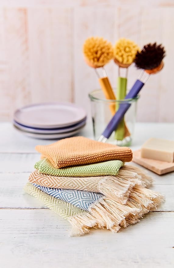 Redecker Silicone Dish Brush Bundle, Includes Interchangeable Natural Horsehair and Tampico Fiber Brush Heads, Sustainable Silicone and Stainless Steel Handle with Hanging Loop, Reed