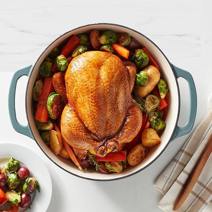 Amazon Basics Enameled Cast Iron Dutch Oven Pot with Lid, Dual Handles, Heavy-Duty, Oven Safe for Stews, Roasting, Round, 7.3-Quart, Gray