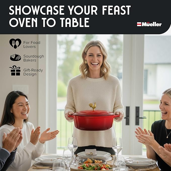 MUELLER HOME 5.5 Quart Enameled Cast Iron Oval Dutch Oven w Rooster Knob & Cotton Potholders, Heavy-Duty Cookware, Oven-Safe up to 500° F & Across All Cooktops, Gifts for Grandma & Women, Red