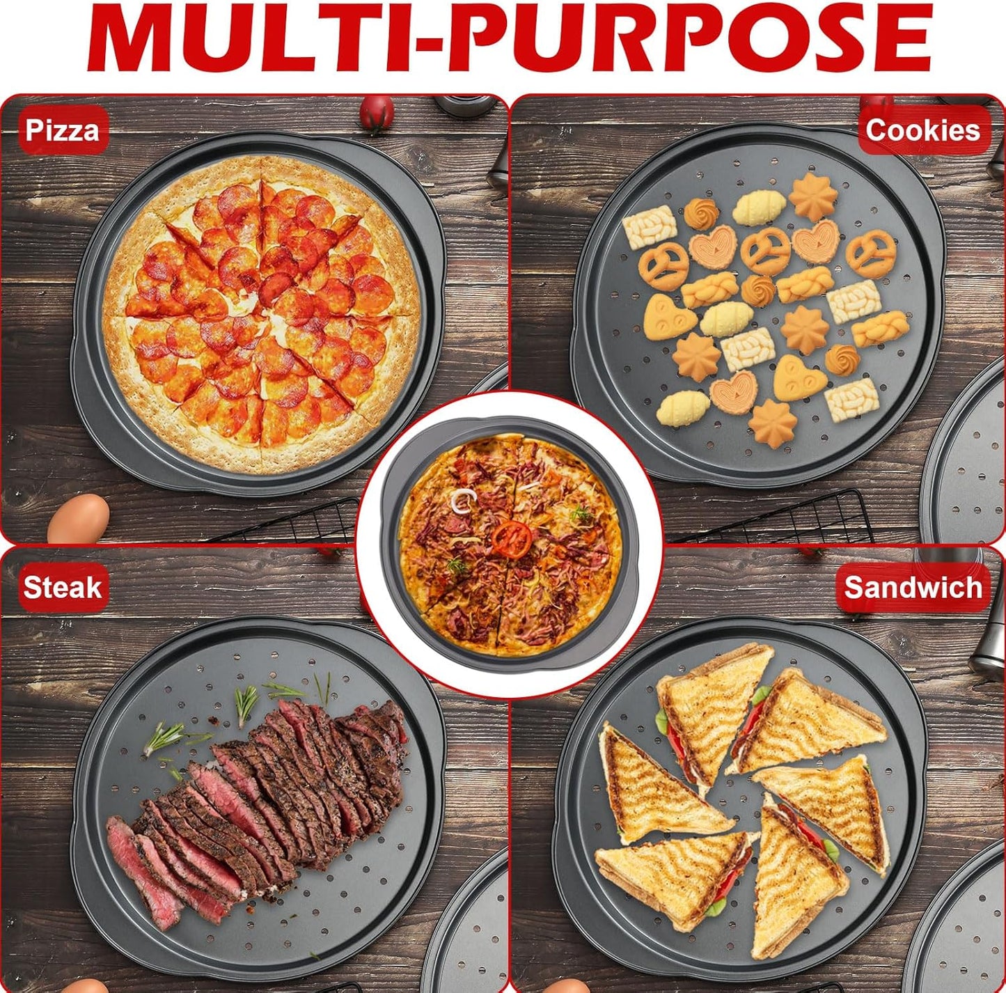 Pizza Pan for Oven - 13" Round Pizza Pans with Holes(2 Pack), Non-stick Carbon Steel Pizza Trays with Handle, Easy to Clean & Oven Safe - Culinary Roots