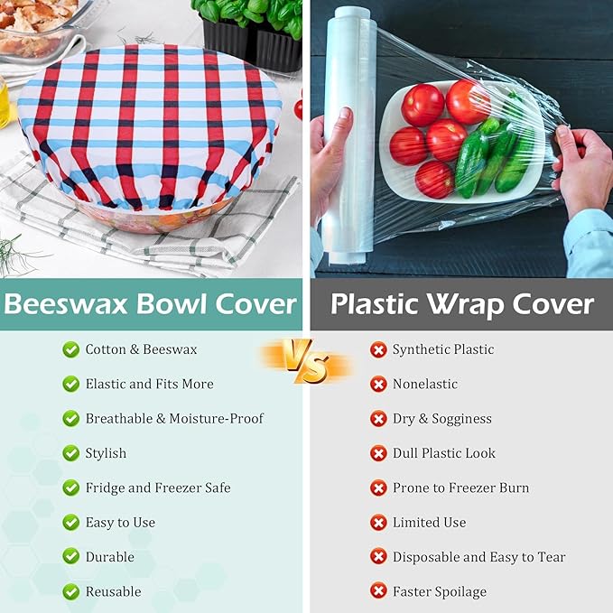 5-Size Reusable Beeswax Bowl Covers for Bread Proofing, Cotton Cloth Flexible Beeswax Wraps for Food Storage(Fruit Grid)