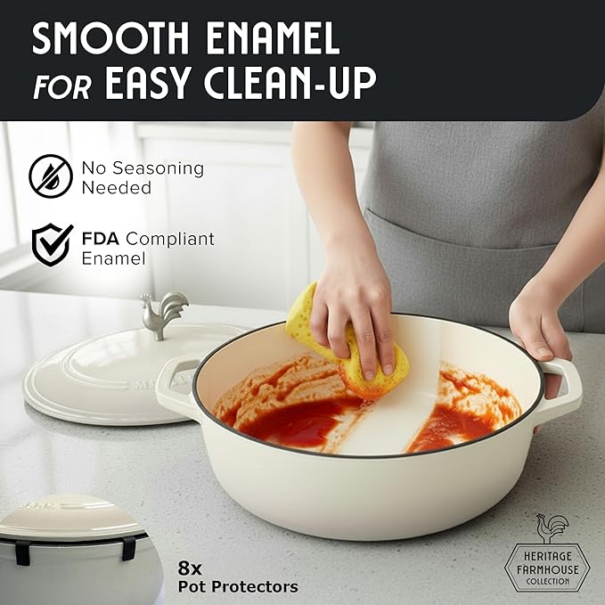 MUELLER HOME 5.5 Quart Enameled Cast Iron Oval Dutch Oven with Rooster Knob & Cotton Potholders, Heavy-Duty Cookware, Oven-Safe up to 500° F & Across All Cooktops, Gifts for Grandma & Women, White