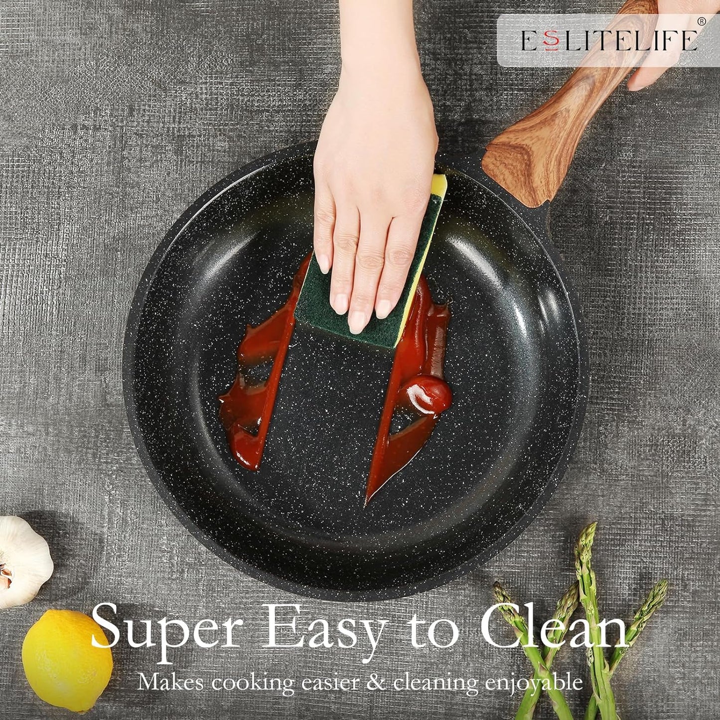 ESLITE LIFE Nonstick Ceramic Frying Pan Skillet, Non-Toxic Egg Omelette Kitchen Cooking Pans Compatible with All Stovetops (Gas, Electric & Induction), PTFE & PFOA Free (Black, 8'')