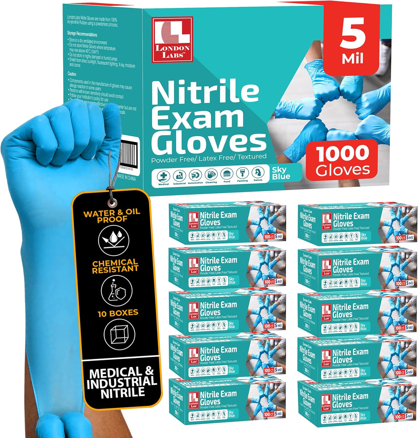 Sky Blue 5 Mil Nitrile Exam Gloves Disposable Latex Free | Medical Rubber Gloves for Doctors, EMT, First Aid Kit, Food Service & Cleaning | Bulk Nitrile for Mechanics (1000 CT) - Small