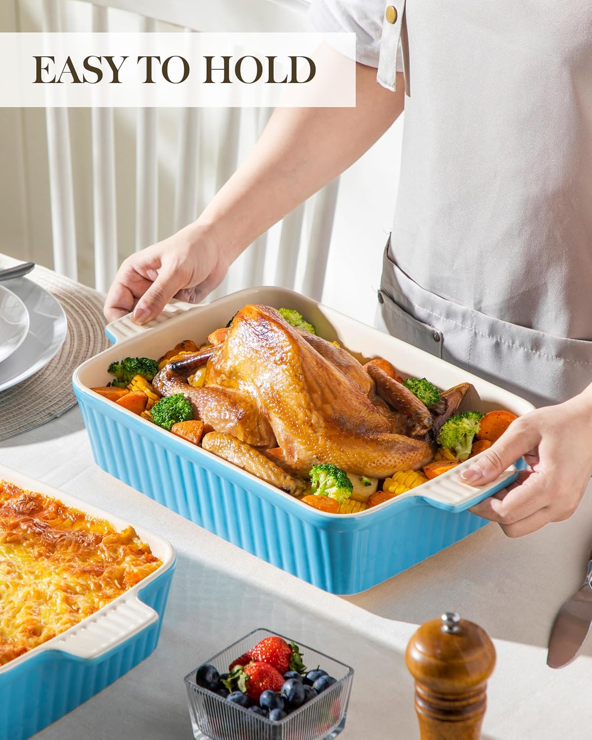 MALACASA 4.4 QT Baking Dish, 9x13 Large Casserole Dish for Oven, Ceramic Baking Pan, Rectangular Lasagna Pan Deep with Handles for Baking, Durable Microwave Oven Safe, Blue, Series BAKE-BAKE - Culinary Roots
