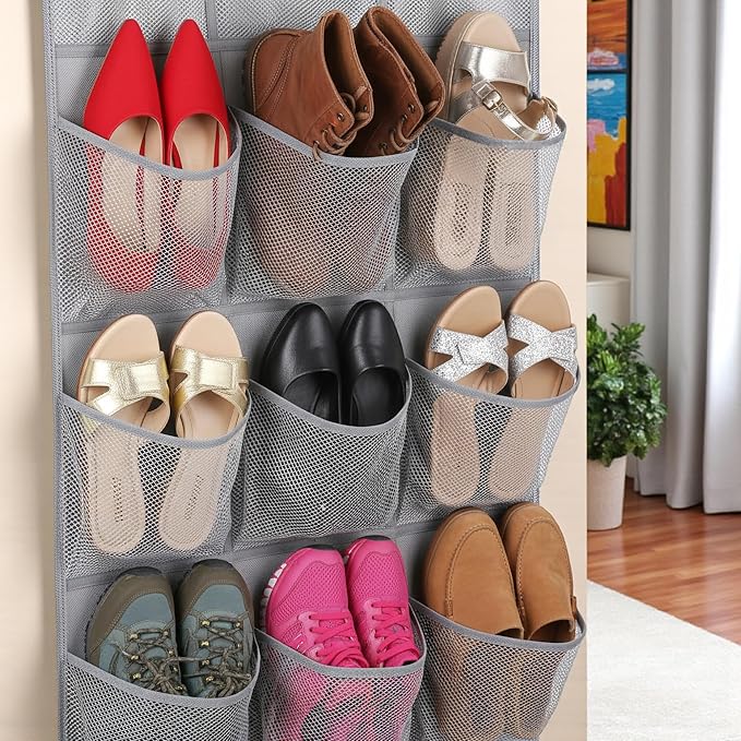 Hanging Shoe Organizer For Closet Rod with 30 Large Pockets Dual Sided 360 Rotating Hanger Space Saving Storage Bag Rack Shelves for Bedroom Laundry Room, Grey