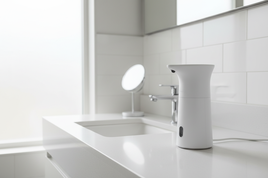 Modern automatic touchless foaming soap dispenser on bathroom countertop - 2026 trending home product review