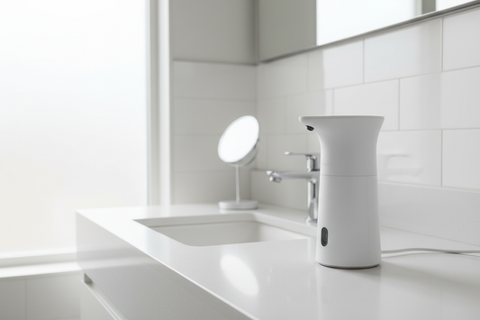 Modern automatic touchless foaming soap dispenser on bathroom countertop - 2026 trending home product review