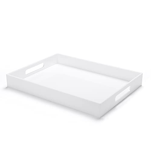 White Acrylic Large Ottoman Tray with Handles 16"x20"x2" Spill Proof Serving Tray Rubber Boot Organizer Tray Decorative for Living Room Bedroom Kitchen Entryway Coffee Table Countertop