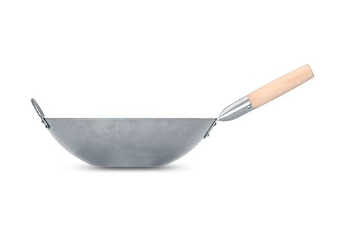 Flat Hand Hammered Carbon Steel Pow Wok with Wooden and Steel Helper Handle