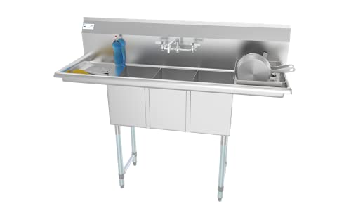 3 Compartment Stainless Steel NSF Commercial Kitchen Sink with Faucet and Cross braced Legs