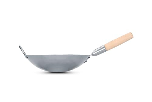 Traditional Hand Hammered Chinese Carbon Steel Wok with Wooden and Steel Helper Handle