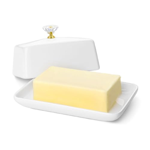 Large Ceramic Butter Dish with Lid & Crystal Handle