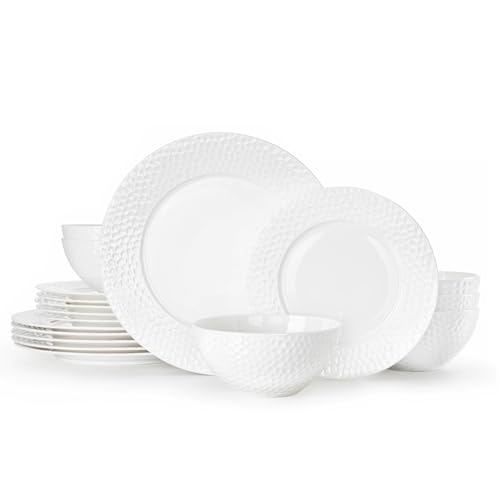18Pcs Hammered Rim White Bone China Set