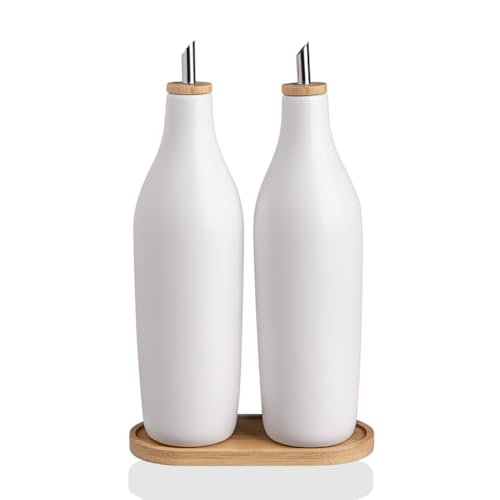 Sweejar Matte Ceramic Olive Oil Dispenser Bottles with Bamboo Tray