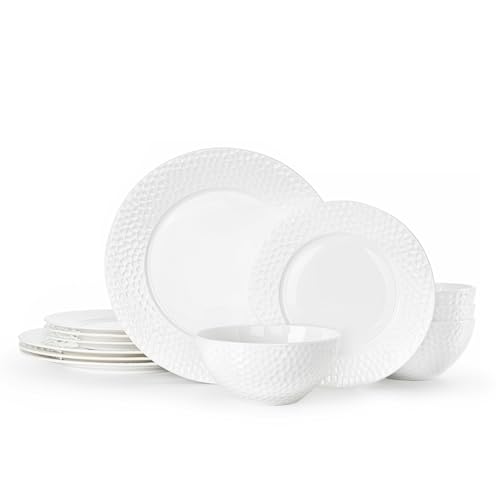 12Pcs Hammered Rim White Bone China Set