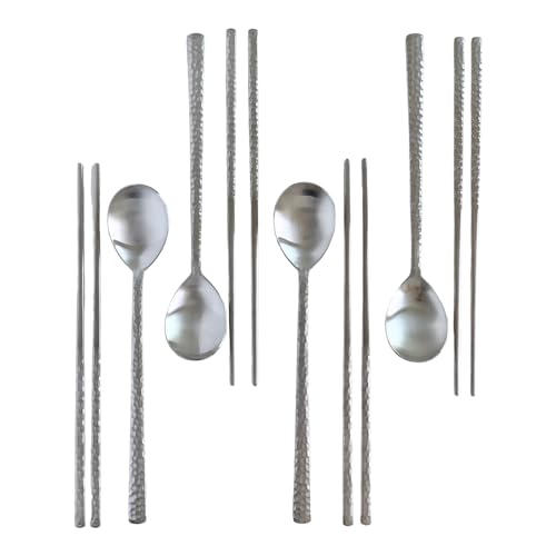 Korean Made Silver Glossy Hammered Stainless Steel Korean Spoon & Chopstick SET Gift for Mom Stocking Stuffer