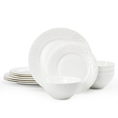 12Pcs Vintage Relief White Bone China Set