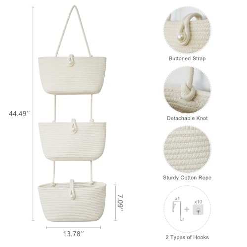 3 Tier Hanging Baskets for Storage with Pearl Button Strap (33.12 Ounce)