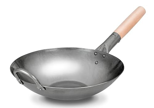 Flat Hand Hammered Carbon Steel Pow Wok with Wooden and Steel Helper Handle