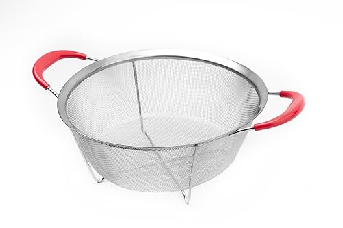 Hercules Chef by Mundial 9.8" Stainless Steel Colander Strainer with Red Silicone Handles