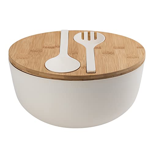 Bamboo Fiber Salad Bowl with Servers Set Large 9.8 inches Nature Bamboo Mixing Bowl with Servers with Lid Spoon and Fork for Fruits